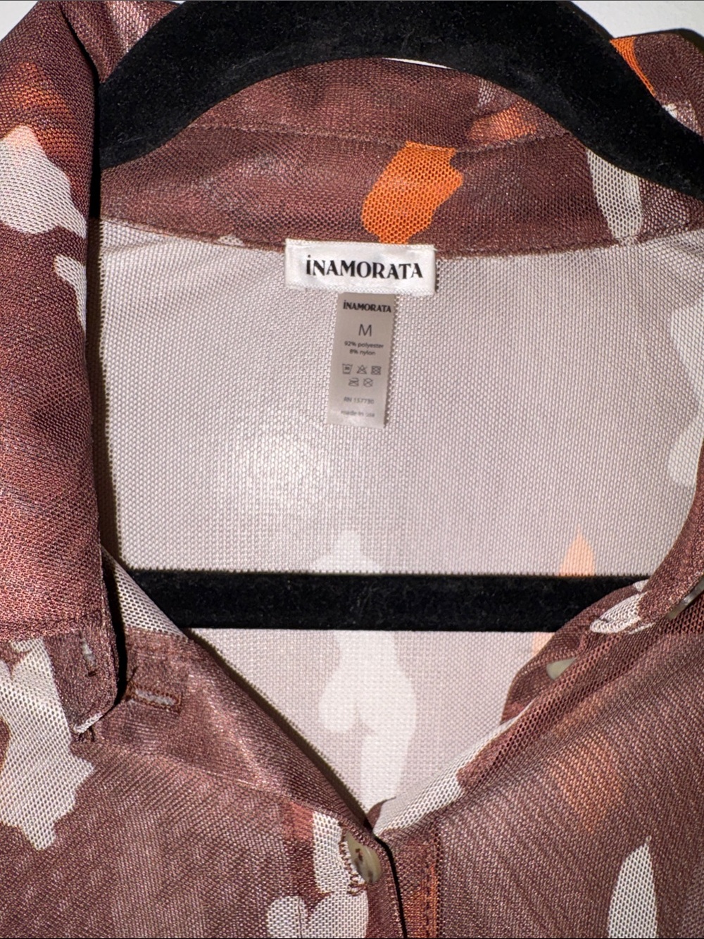 iNAMORATA- Size M Brown Sheer Cropped Button-Down with Orange & Cream Print - Picture 2 of 6